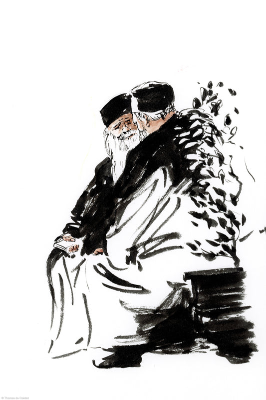 Deux moines assis en discussion au monastère de Agios Grigoriou