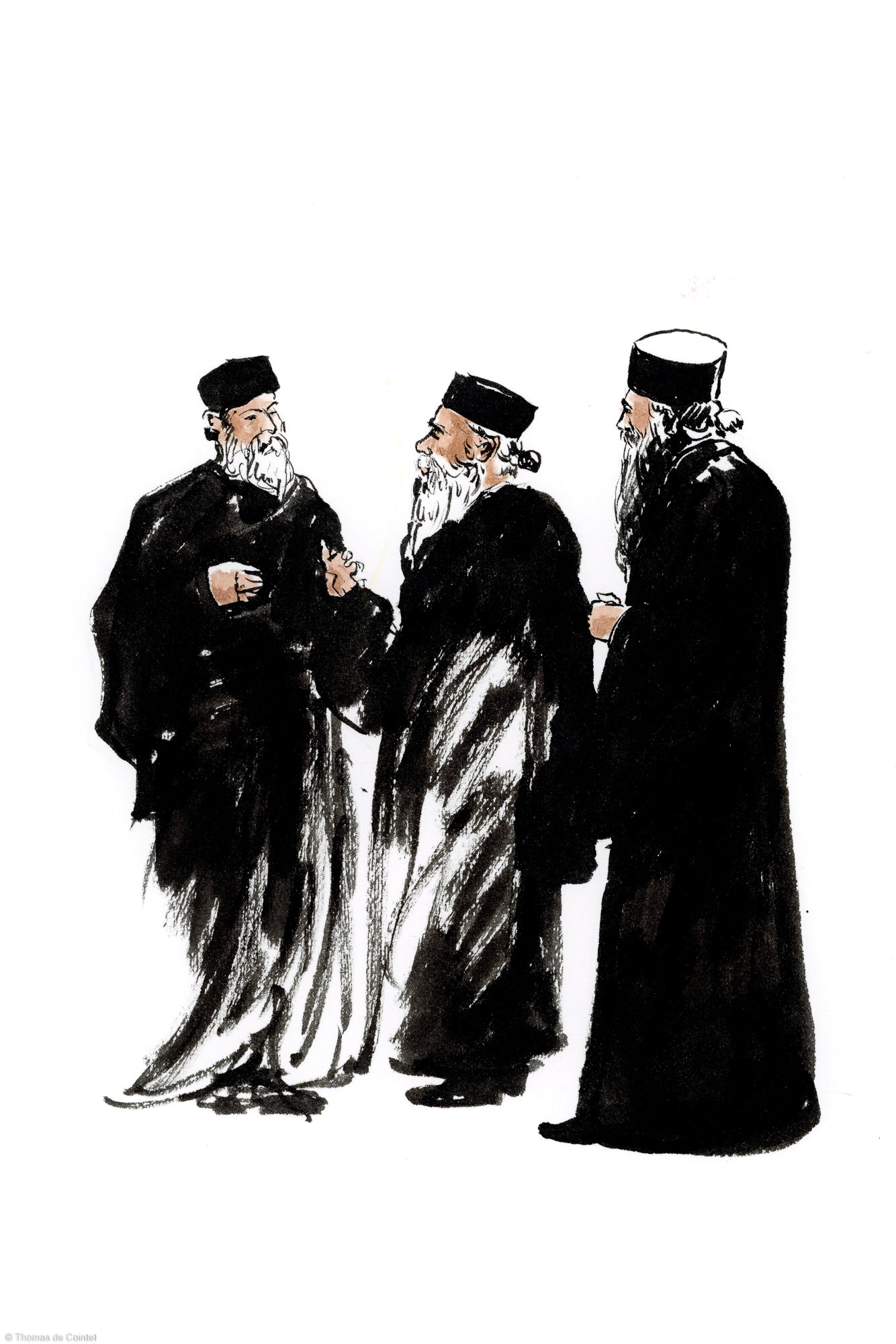 Trois moines debout en discussion au monastère de Agios Grigoriou
