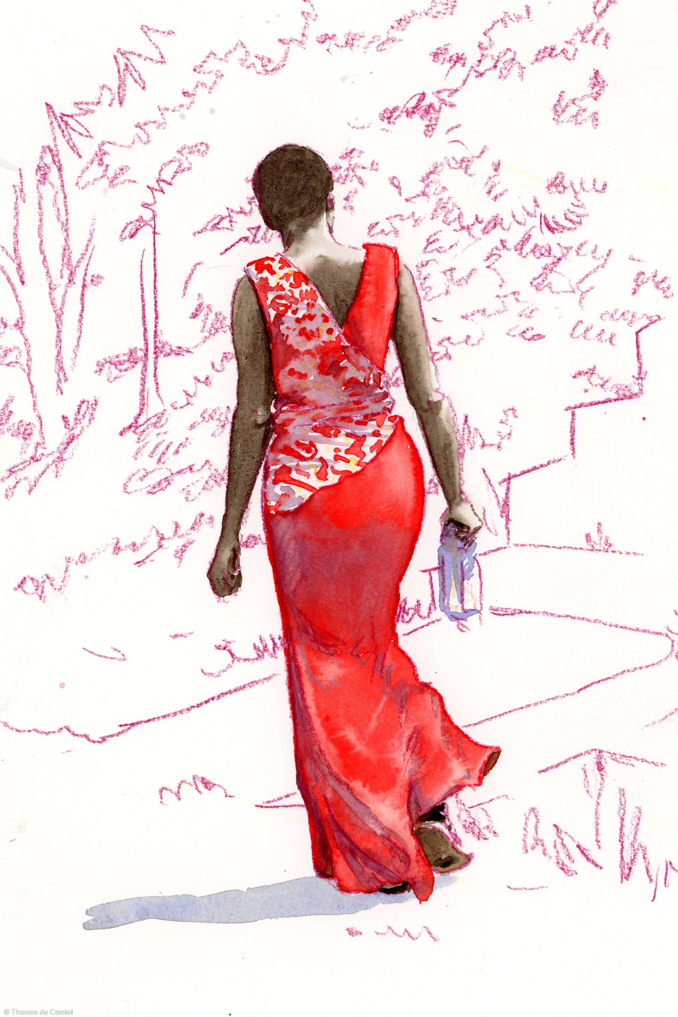 Femme à la robe rouge se rendant à l'église à Ngoma